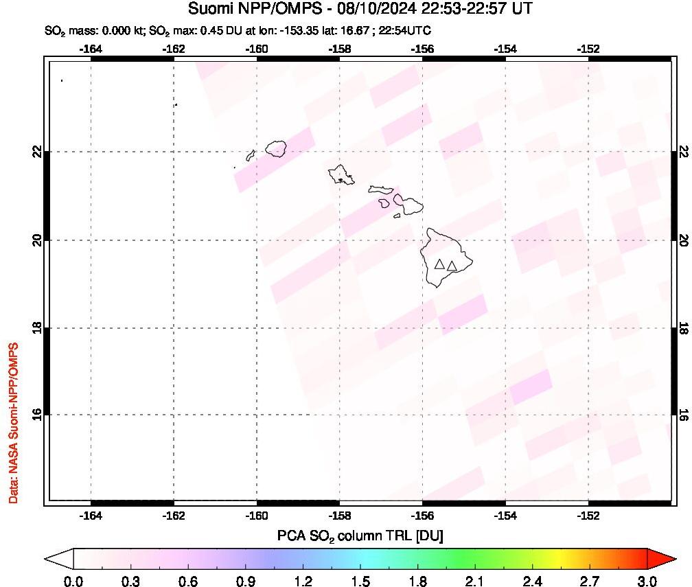 A sulfur dioxide image over Hawaii, USA on Aug 10, 2024.