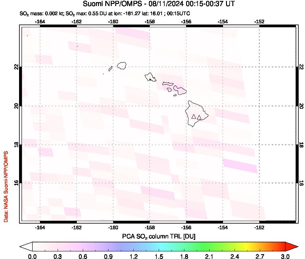 A sulfur dioxide image over Hawaii, USA on Aug 11, 2024.