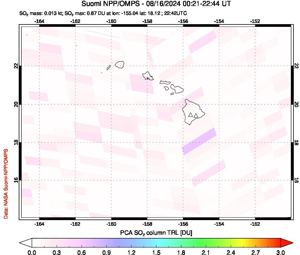 A sulfur dioxide image over Hawaii, USA on Aug 16, 2024.