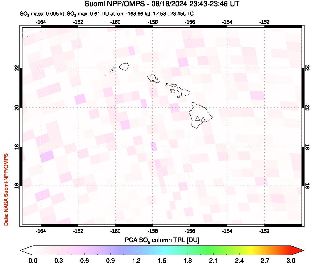 A sulfur dioxide image over Hawaii, USA on Aug 18, 2024.