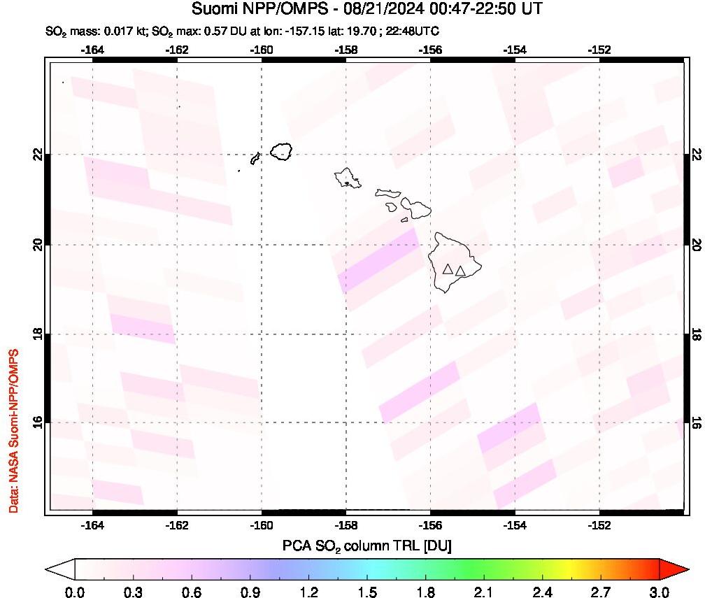 A sulfur dioxide image over Hawaii, USA on Aug 21, 2024.