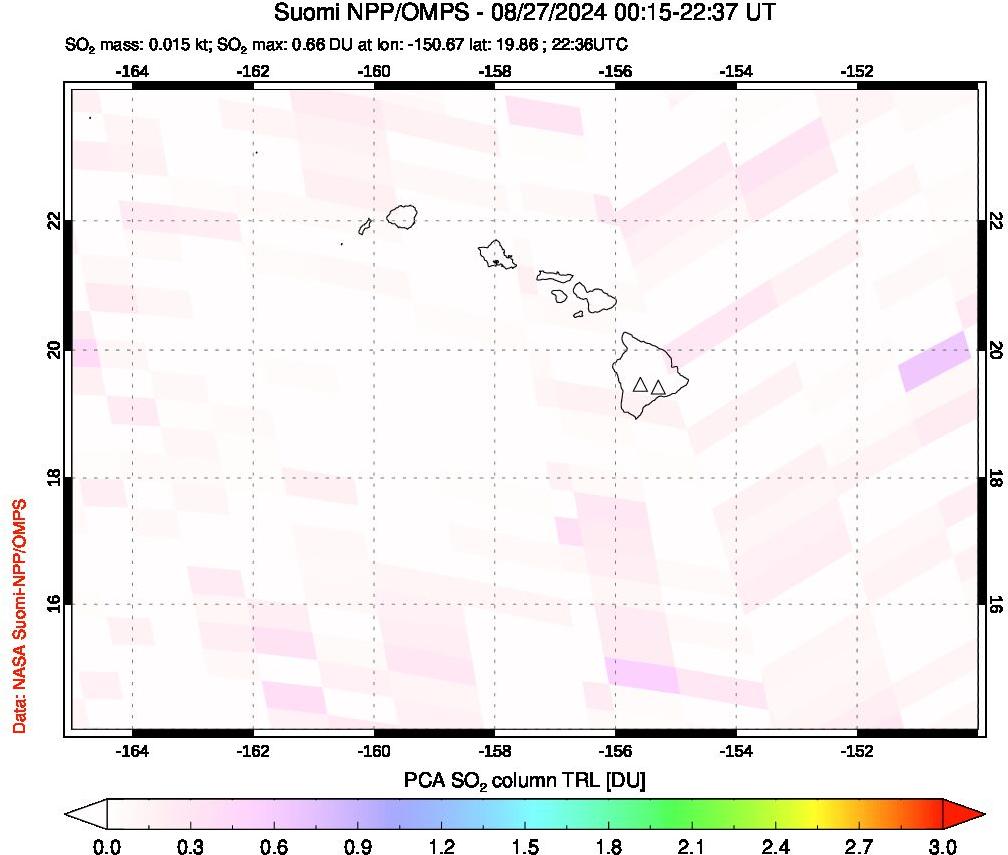 A sulfur dioxide image over Hawaii, USA on Aug 27, 2024.