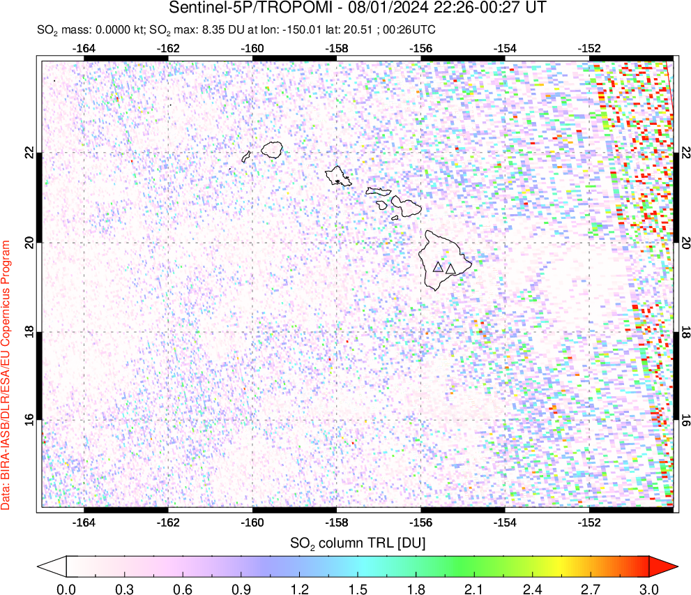 A sulfur dioxide image over Hawaii, USA on Aug 01, 2024.