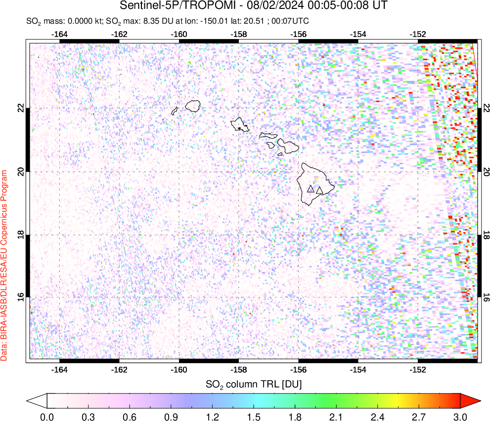 A sulfur dioxide image over Hawaii, USA on Aug 02, 2024.