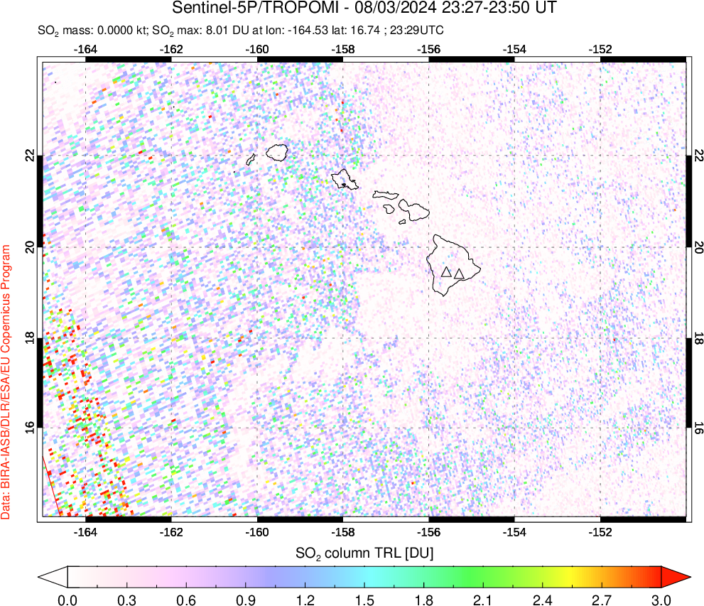 A sulfur dioxide image over Hawaii, USA on Aug 03, 2024.