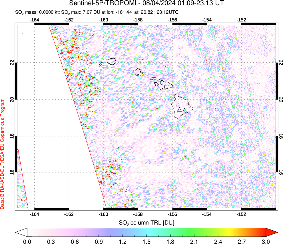 A sulfur dioxide image over Hawaii, USA on Aug 04, 2024.