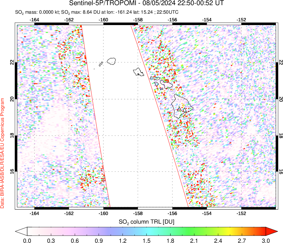 A sulfur dioxide image over Hawaii, USA on Aug 05, 2024.