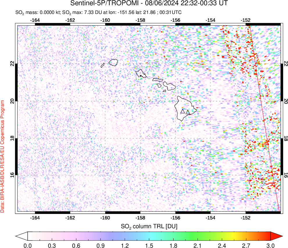 A sulfur dioxide image over Hawaii, USA on Aug 06, 2024.