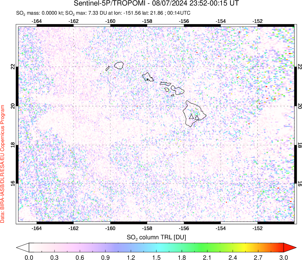 A sulfur dioxide image over Hawaii, USA on Aug 07, 2024.