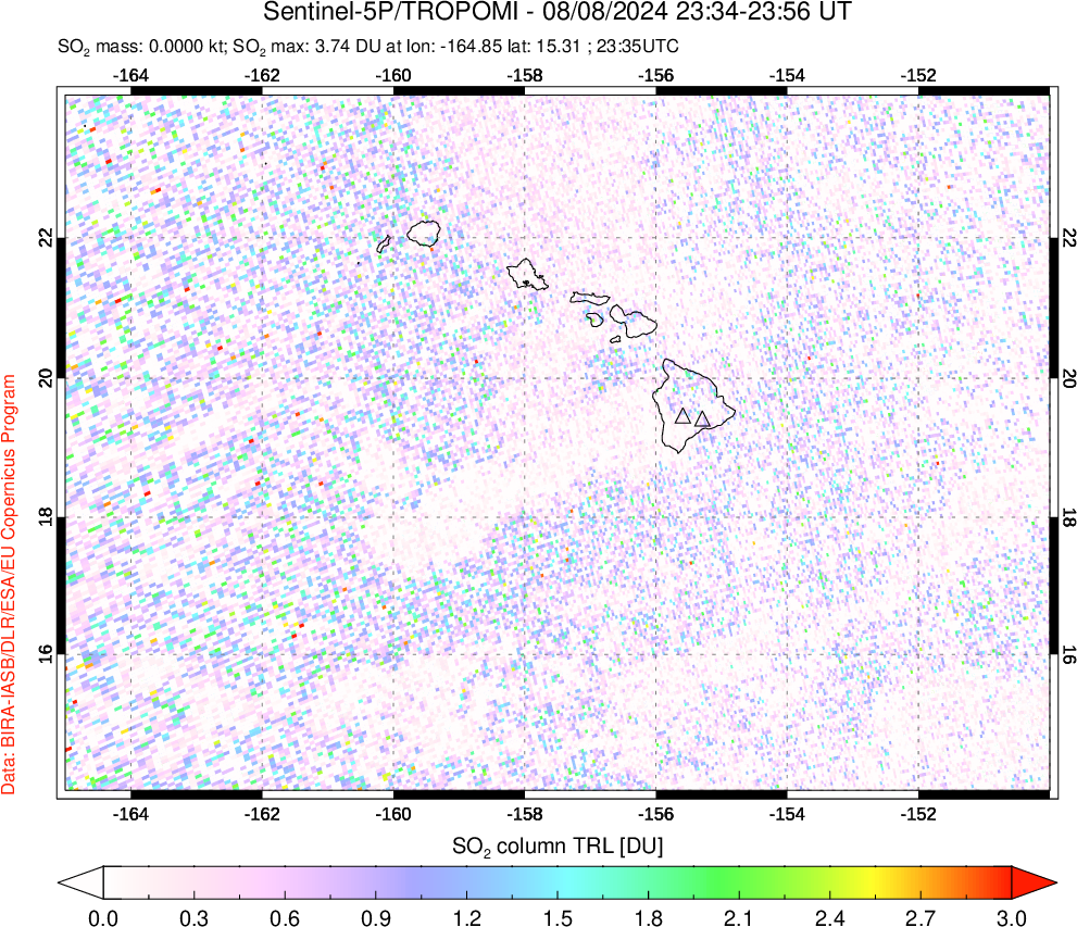 A sulfur dioxide image over Hawaii, USA on Aug 08, 2024.