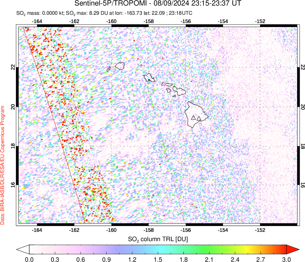 A sulfur dioxide image over Hawaii, USA on Aug 09, 2024.