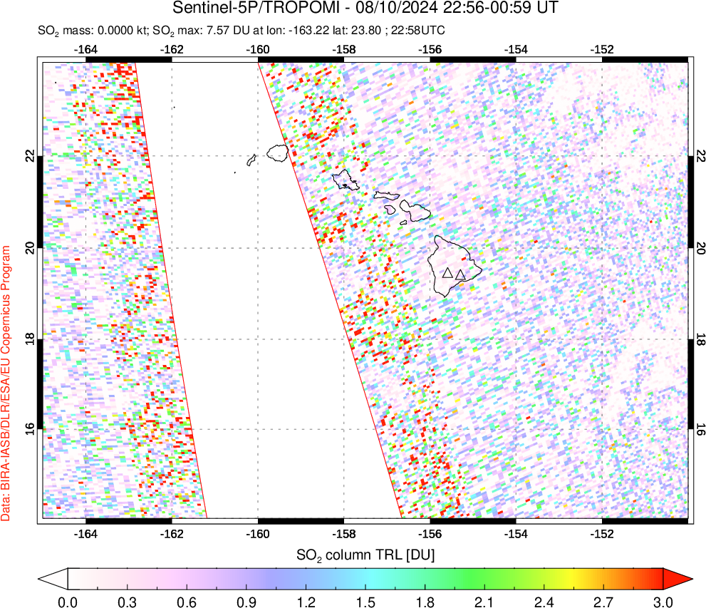 A sulfur dioxide image over Hawaii, USA on Aug 10, 2024.