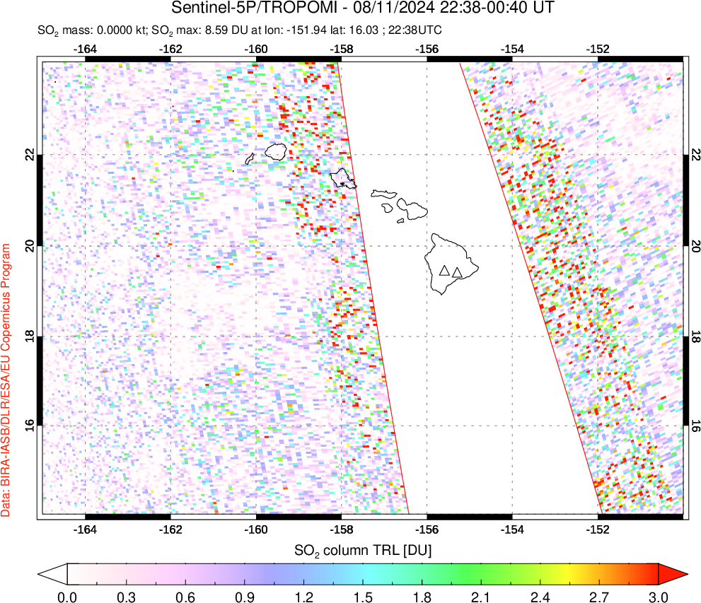 A sulfur dioxide image over Hawaii, USA on Aug 11, 2024.