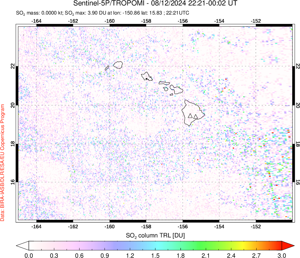 A sulfur dioxide image over Hawaii, USA on Aug 12, 2024.