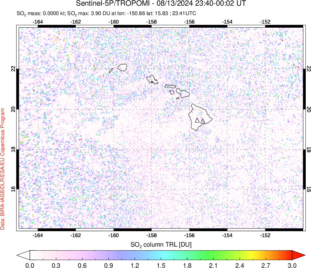 A sulfur dioxide image over Hawaii, USA on Aug 13, 2024.