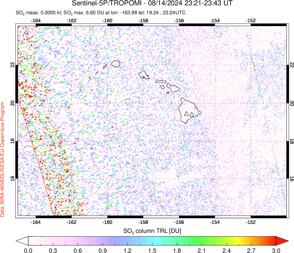 A sulfur dioxide image over Hawaii, USA on Aug 14, 2024.