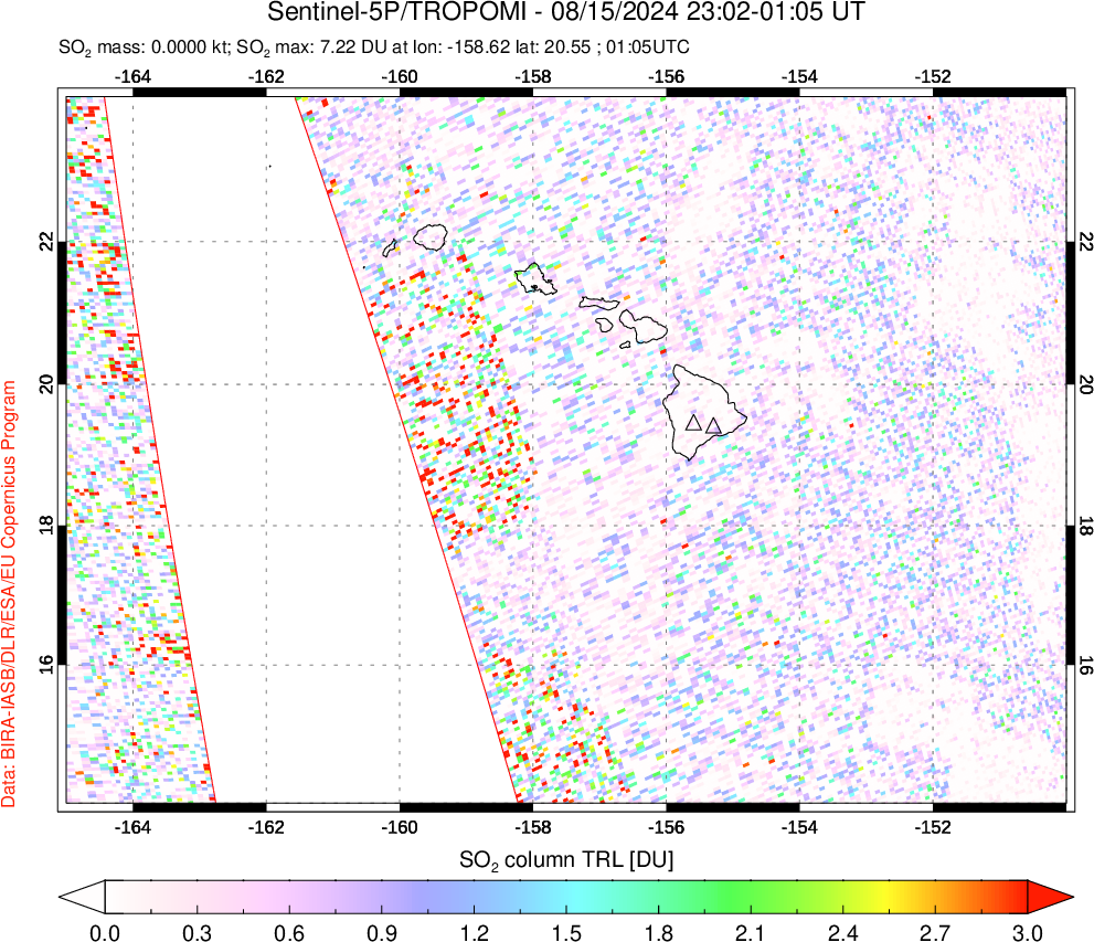 A sulfur dioxide image over Hawaii, USA on Aug 15, 2024.