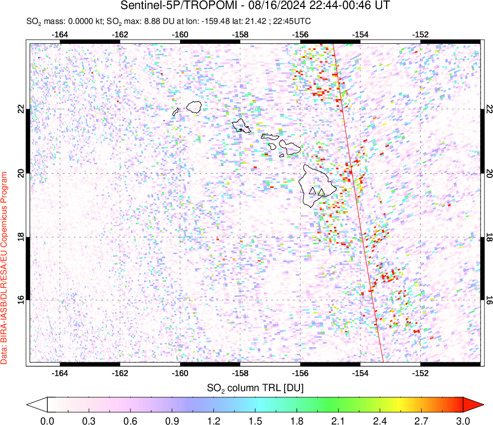 A sulfur dioxide image over Hawaii, USA on Aug 16, 2024.