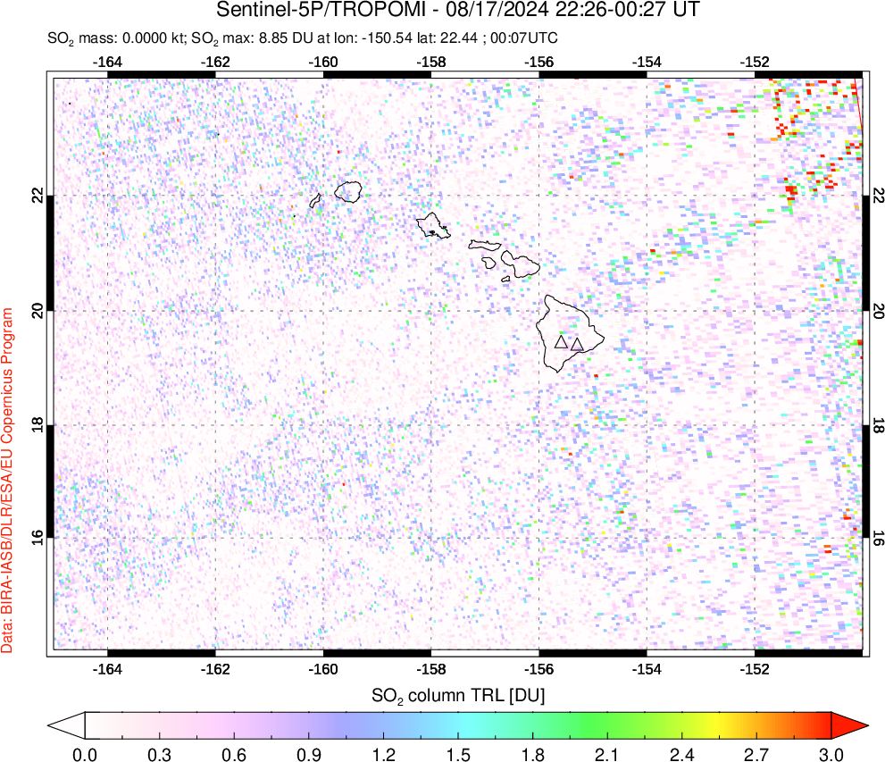 A sulfur dioxide image over Hawaii, USA on Aug 17, 2024.