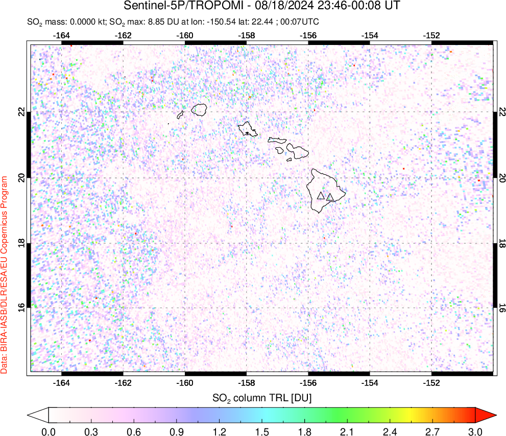 A sulfur dioxide image over Hawaii, USA on Aug 18, 2024.