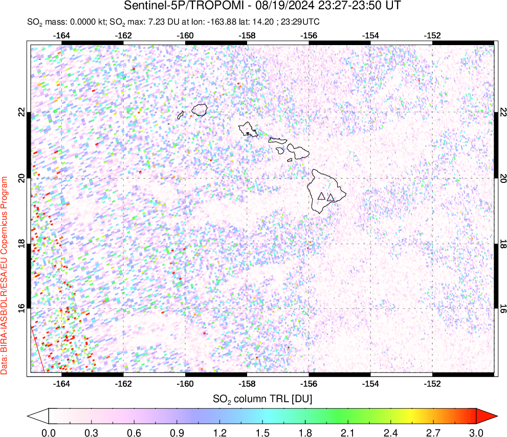 A sulfur dioxide image over Hawaii, USA on Aug 19, 2024.