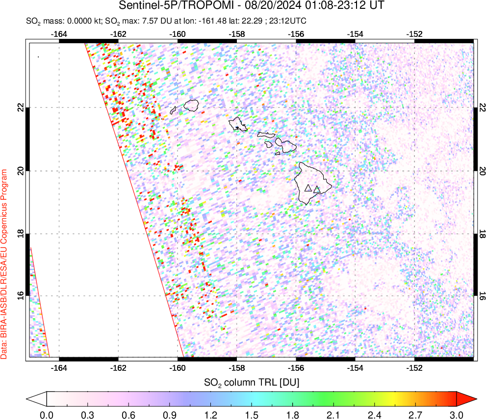 A sulfur dioxide image over Hawaii, USA on Aug 20, 2024.