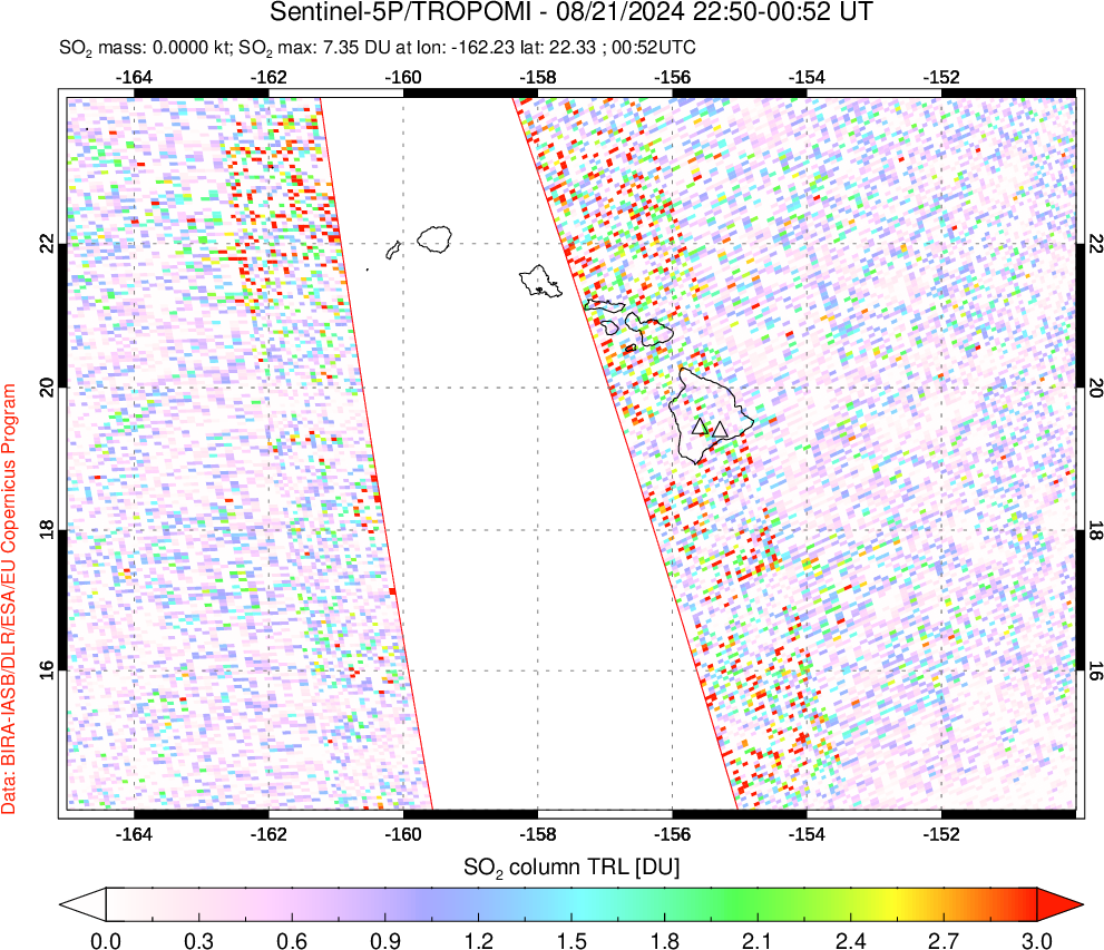 A sulfur dioxide image over Hawaii, USA on Aug 21, 2024.