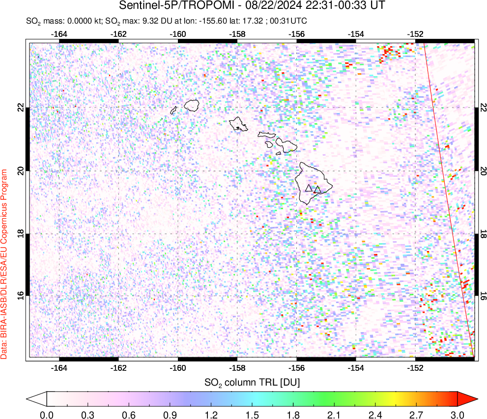 A sulfur dioxide image over Hawaii, USA on Aug 22, 2024.