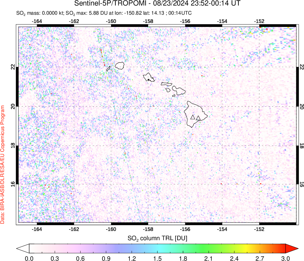 A sulfur dioxide image over Hawaii, USA on Aug 23, 2024.