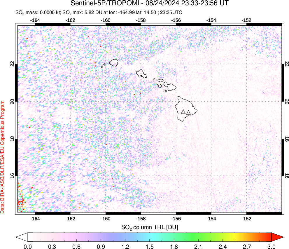 A sulfur dioxide image over Hawaii, USA on Aug 24, 2024.