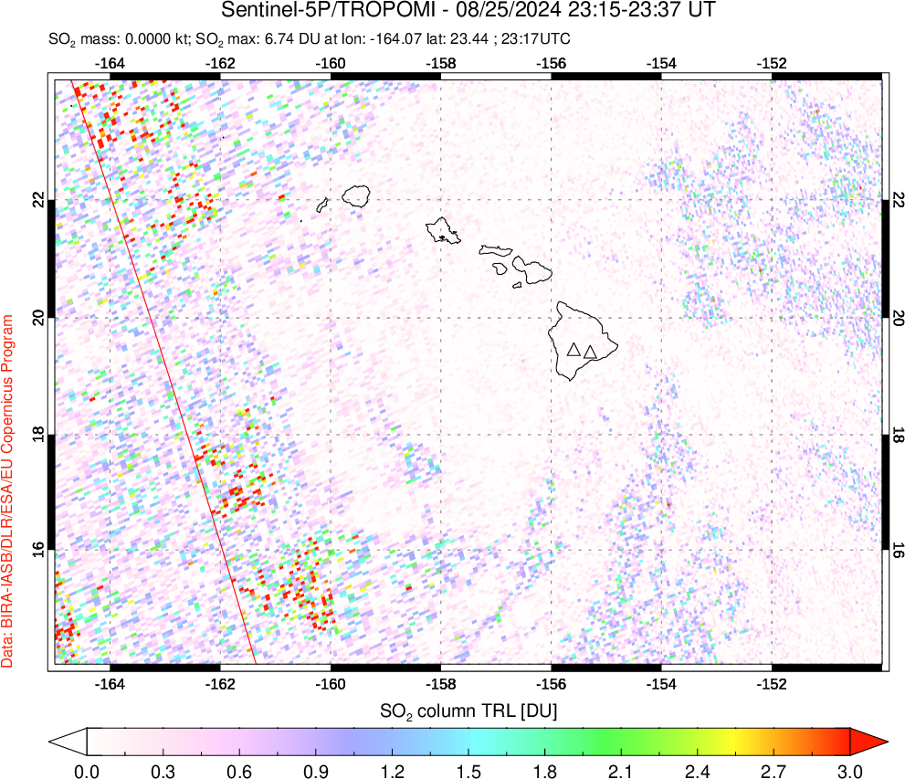 A sulfur dioxide image over Hawaii, USA on Aug 25, 2024.