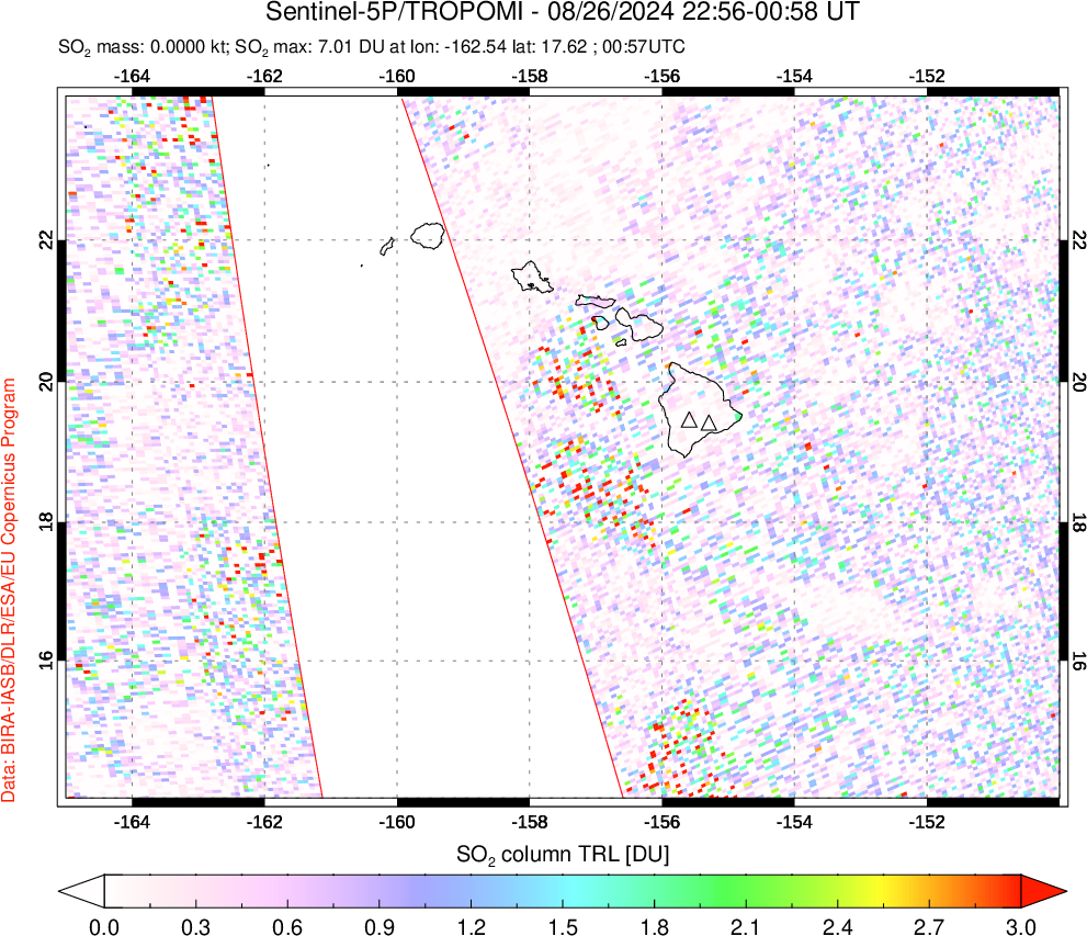 A sulfur dioxide image over Hawaii, USA on Aug 26, 2024.