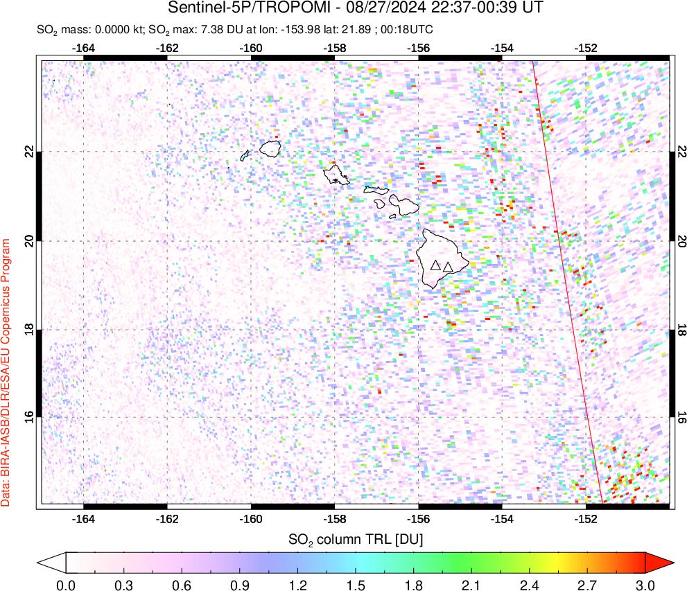 A sulfur dioxide image over Hawaii, USA on Aug 27, 2024.