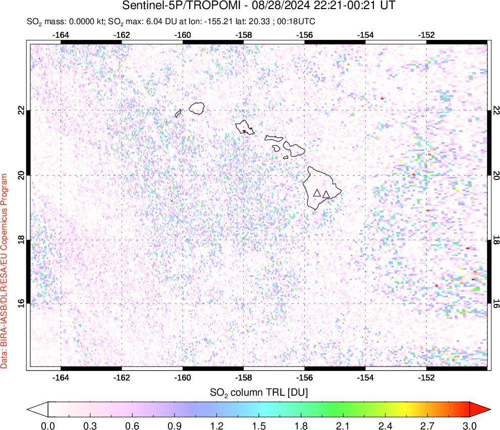 A sulfur dioxide image over Hawaii, USA on Aug 28, 2024.