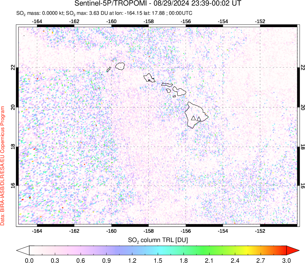 A sulfur dioxide image over Hawaii, USA on Aug 29, 2024.