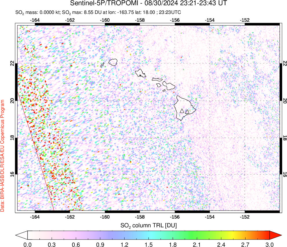 A sulfur dioxide image over Hawaii, USA on Aug 30, 2024.