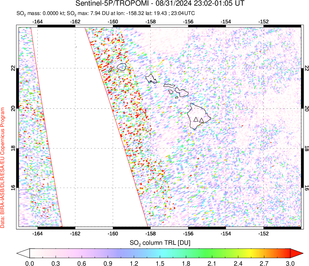 A sulfur dioxide image over Hawaii, USA on Aug 31, 2024.