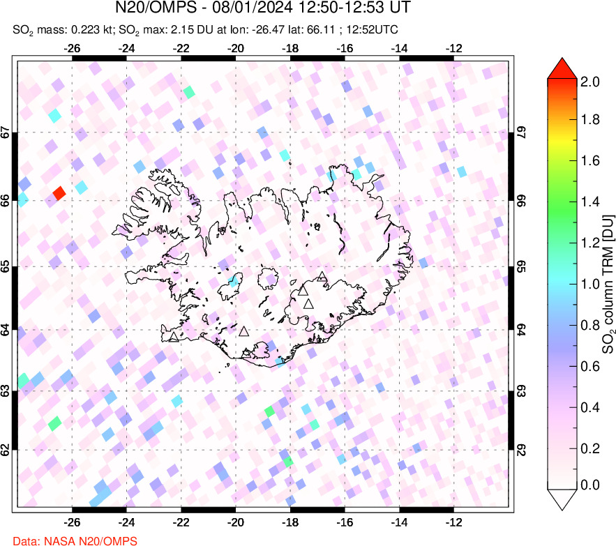 A sulfur dioxide image over Iceland on Aug 01, 2024.