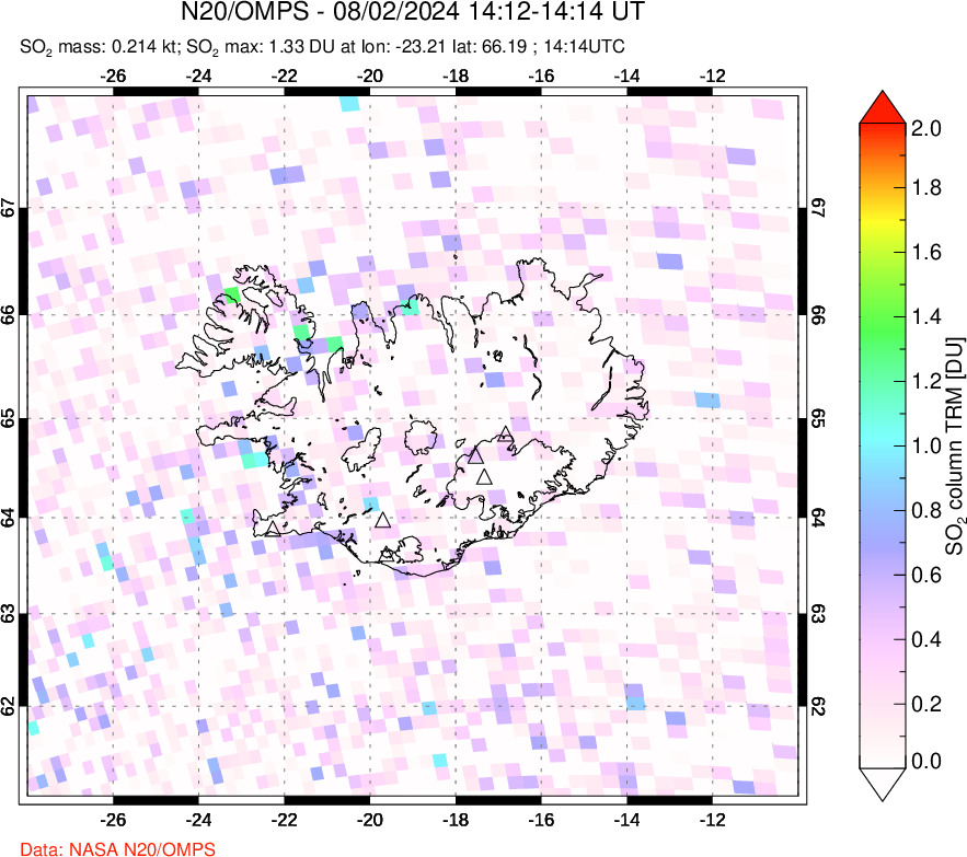 A sulfur dioxide image over Iceland on Aug 02, 2024.