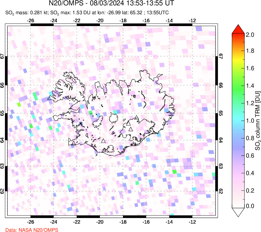 A sulfur dioxide image over Iceland on Aug 03, 2024.