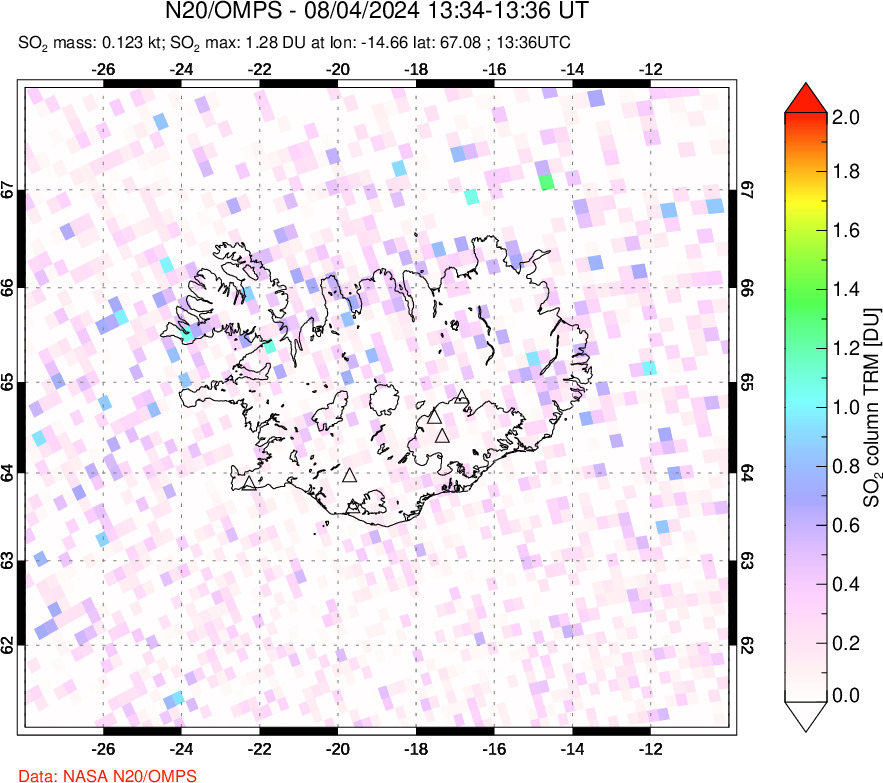 A sulfur dioxide image over Iceland on Aug 04, 2024.