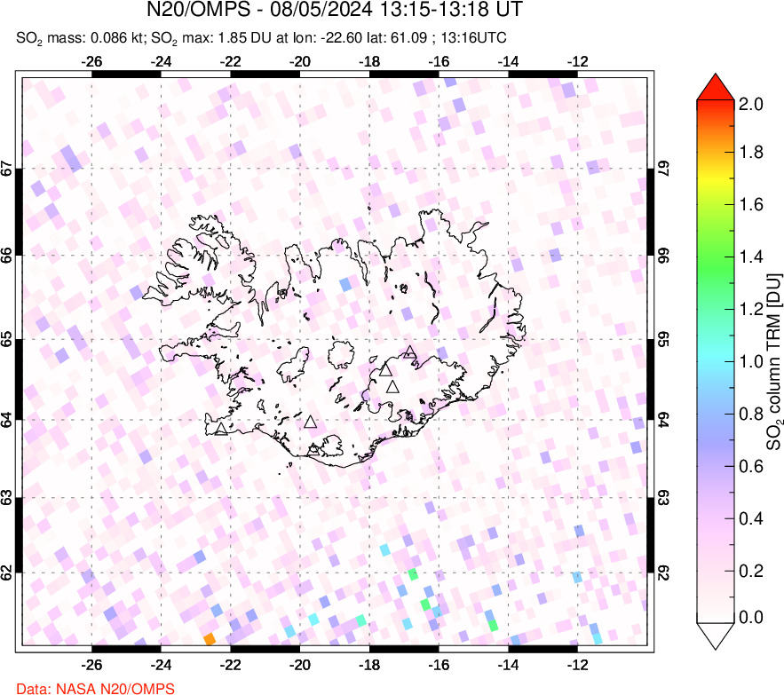 A sulfur dioxide image over Iceland on Aug 05, 2024.