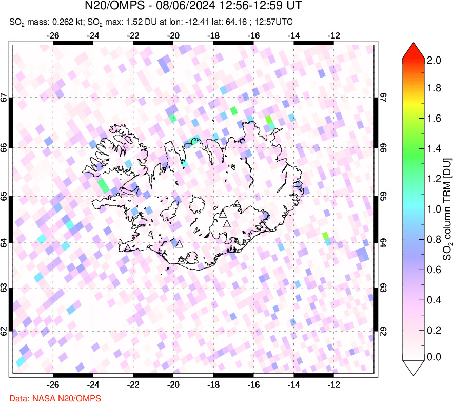 A sulfur dioxide image over Iceland on Aug 06, 2024.