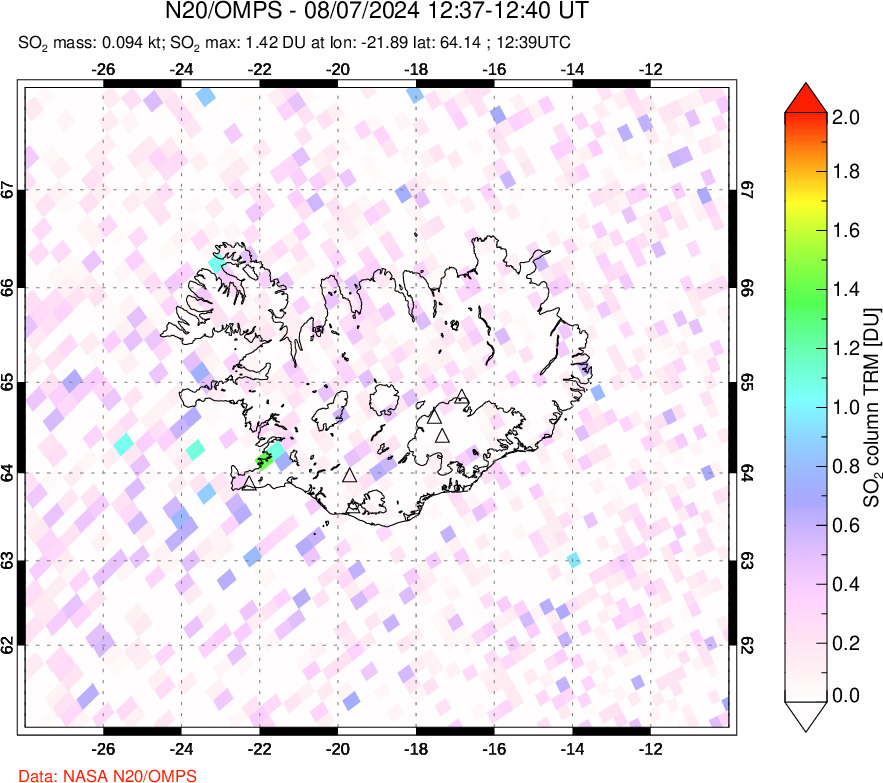 A sulfur dioxide image over Iceland on Aug 07, 2024.