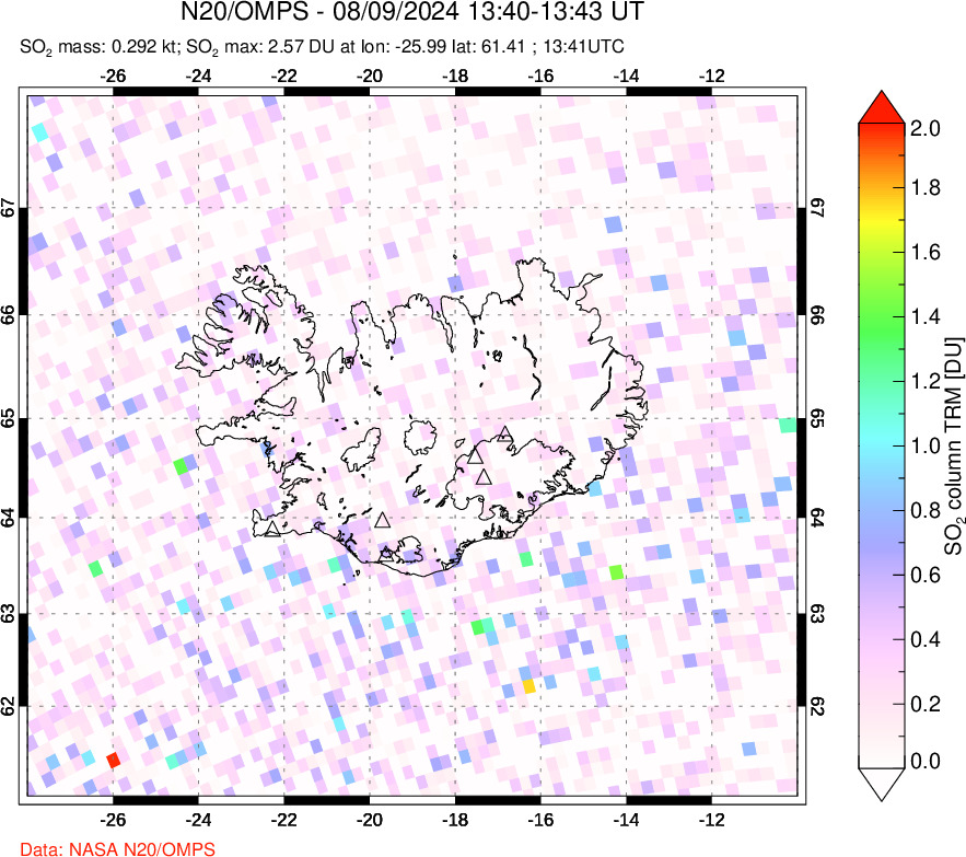 A sulfur dioxide image over Iceland on Aug 09, 2024.