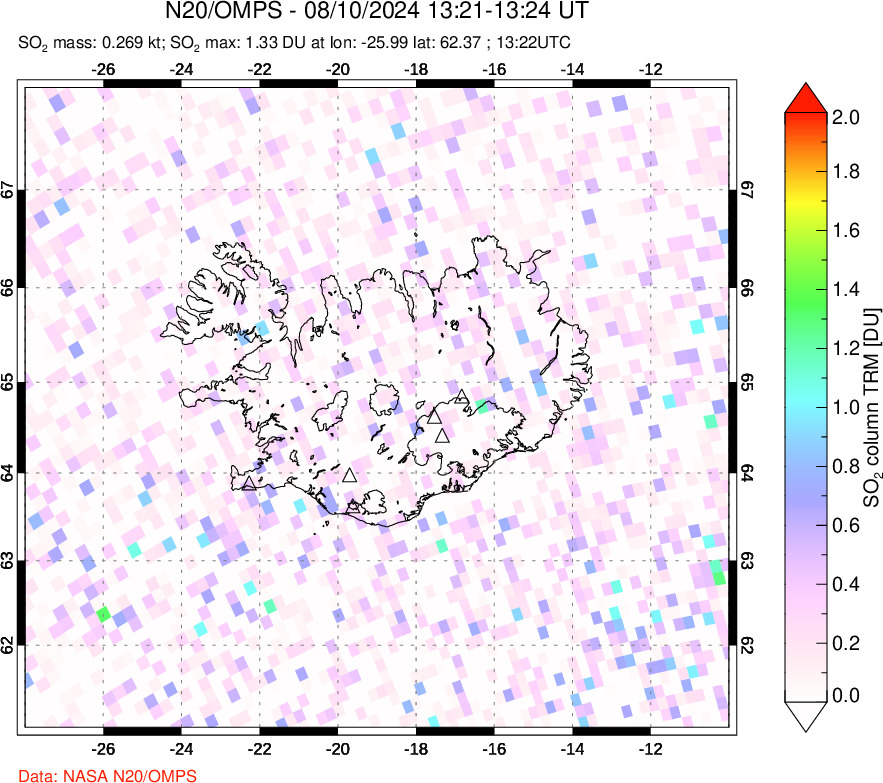 A sulfur dioxide image over Iceland on Aug 10, 2024.