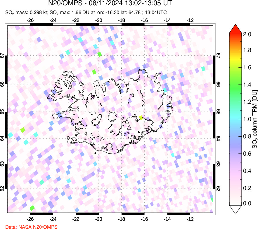 A sulfur dioxide image over Iceland on Aug 11, 2024.