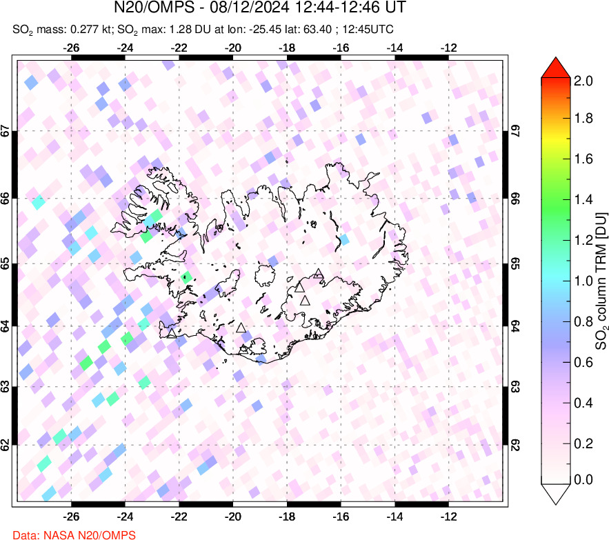 A sulfur dioxide image over Iceland on Aug 12, 2024.