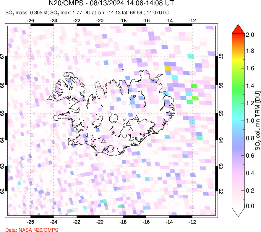 A sulfur dioxide image over Iceland on Aug 13, 2024.