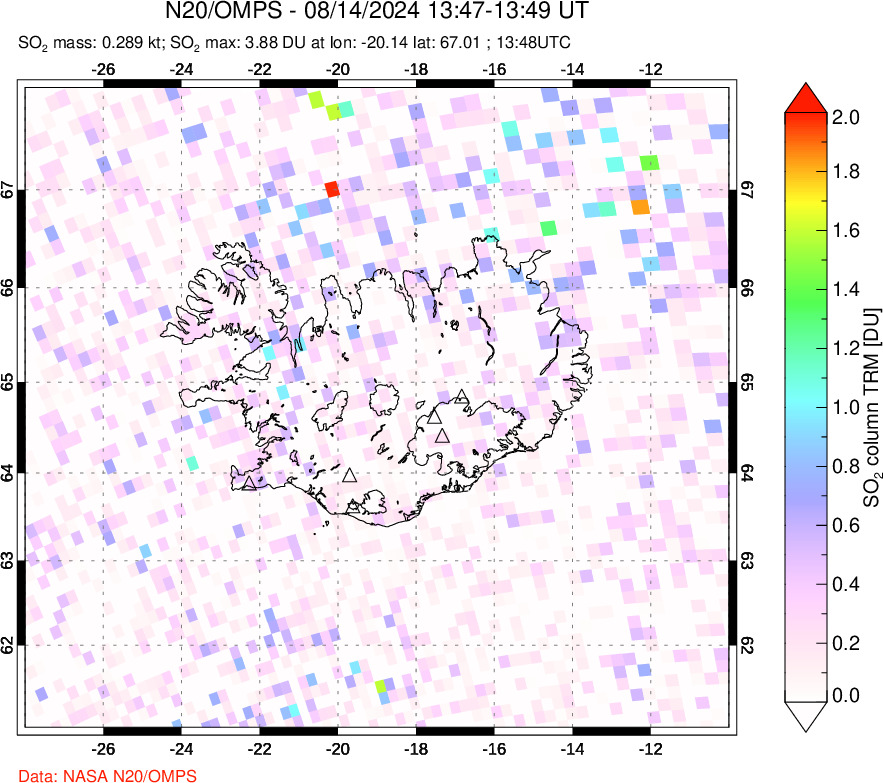 A sulfur dioxide image over Iceland on Aug 14, 2024.